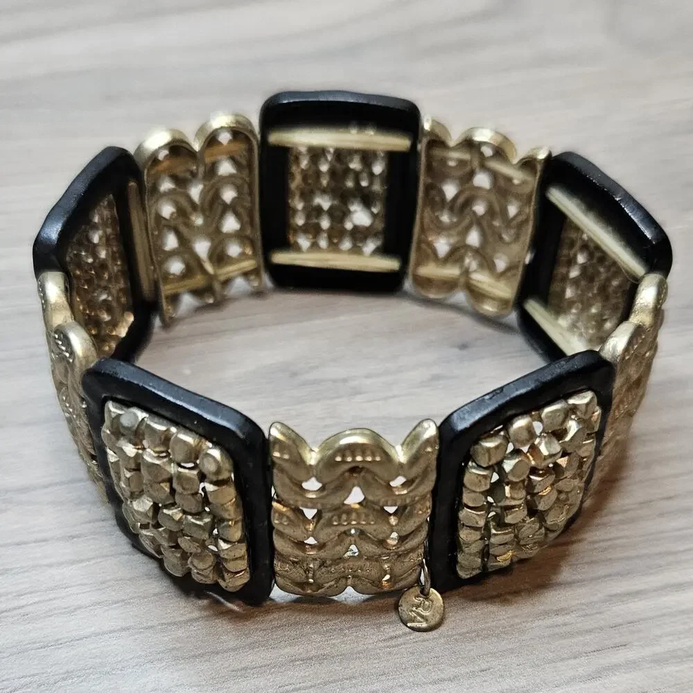 Roxanne Assoulin Gold Tone & Black Stretch Bangle Bracelet